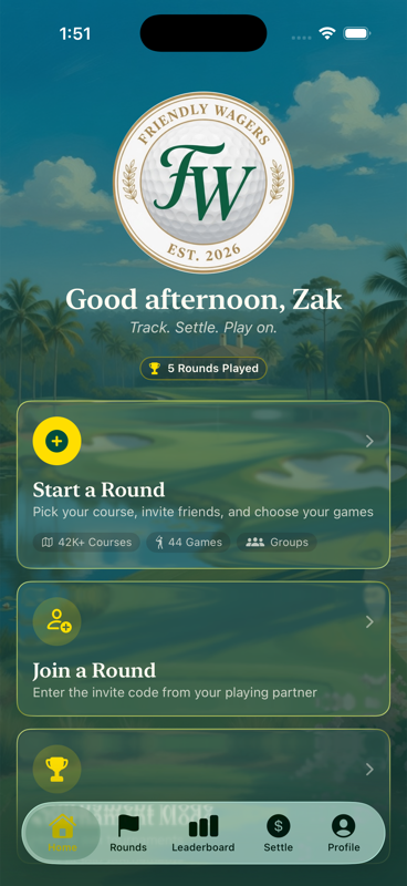 The Home tab showing recent round count, Start a Round card, and Join a Round card