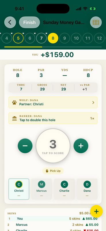 A live scorecard mid-round on hole 8 — Wolf partner pick and Banker double banners, tap-to-score entry, the running wager total, and live skins standings