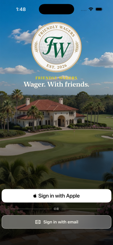 Friendly Wagers sign-in screen with the clubhouse and 'Wager. With friends.' tagline