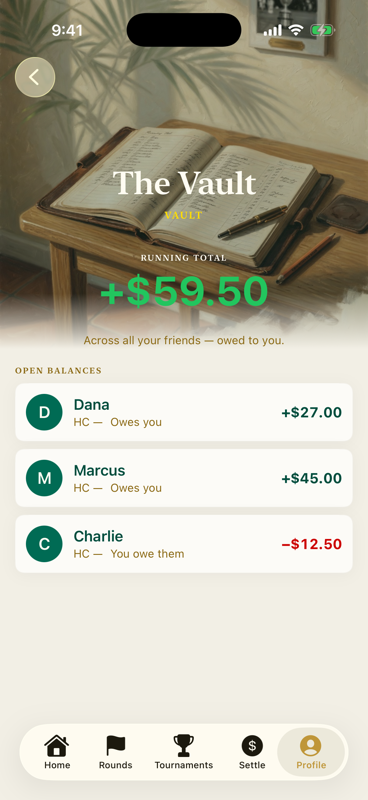 The Vault — running head-to-head balances across every round, showing who owes you and who you owe